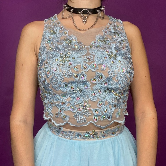 y2k vintage prom dress 2 pc set pastel blue tulle rhinestone embellished XS - Picture 2 of 10